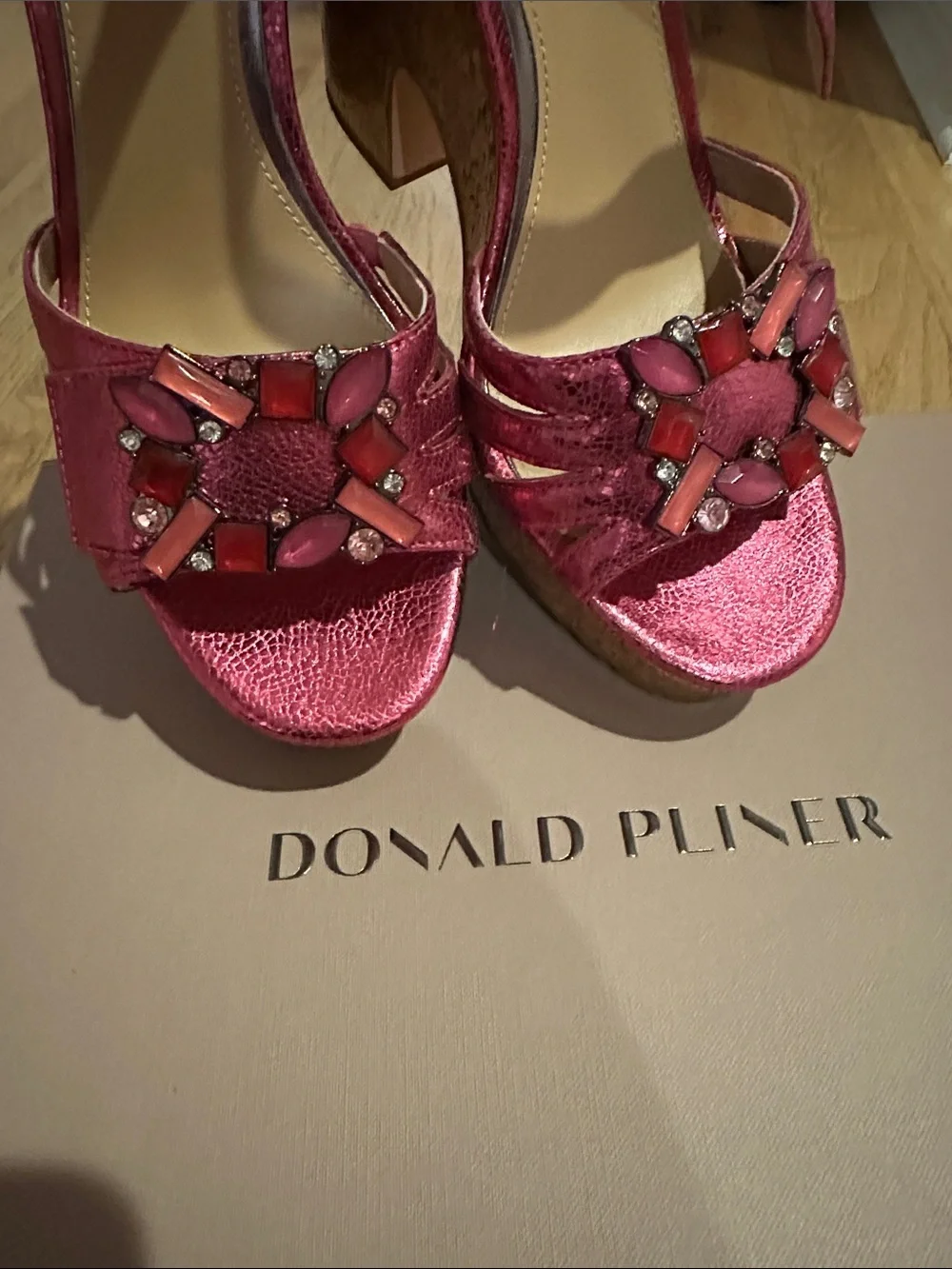 Donald J. Pliner Metallic Fuchsia Jeweled Open-Toe Platforms
